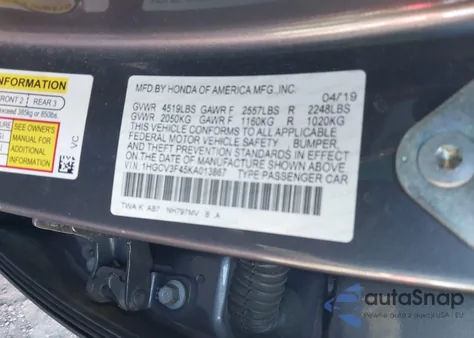 2019 Honda Accord Hybrid Ex из США, поврежденный, VIN 1HGCV3F45KA013867